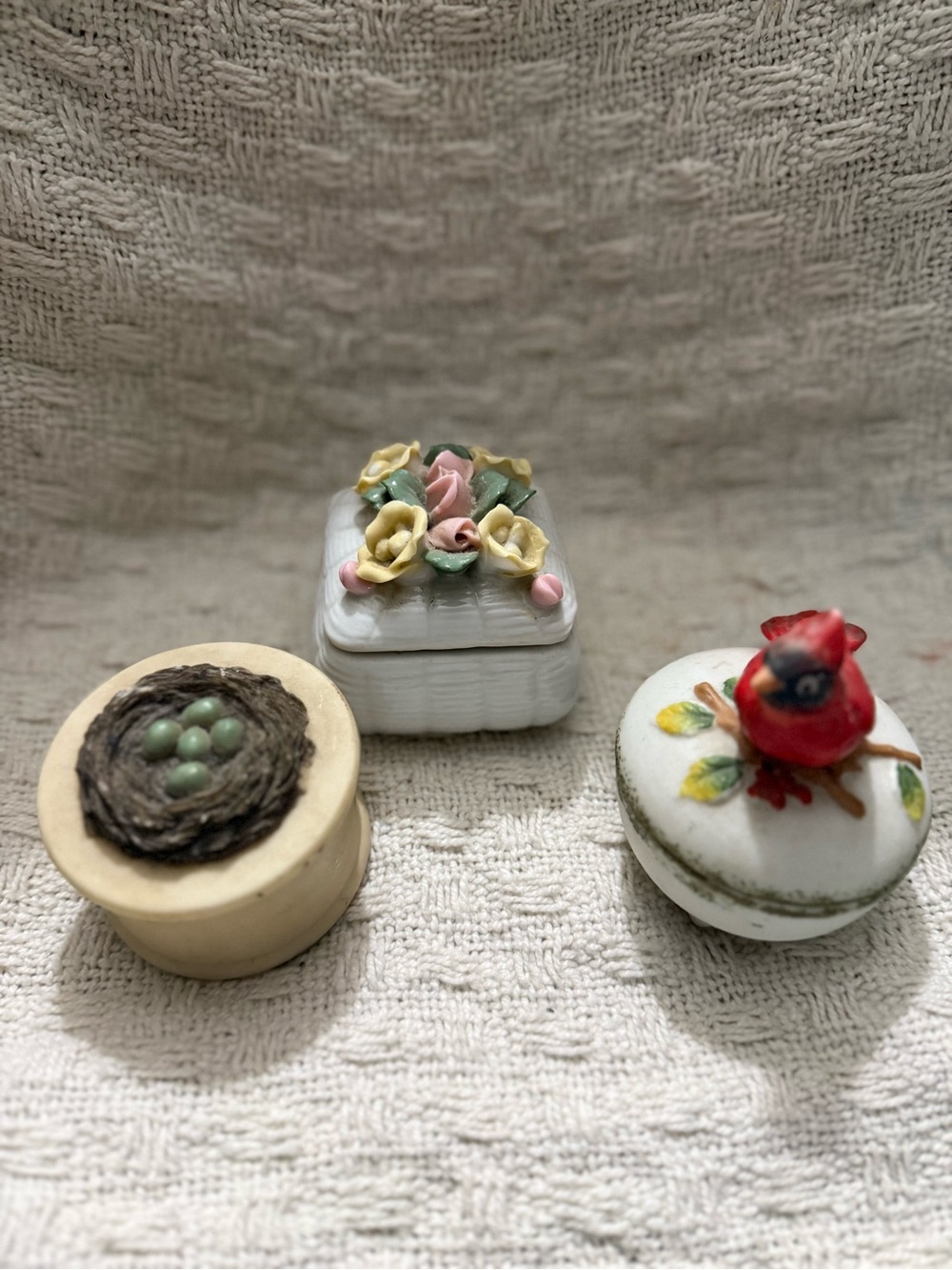 Trio of Ceramic Trinket Boxes with Floral, Nest & Cardinal Tops